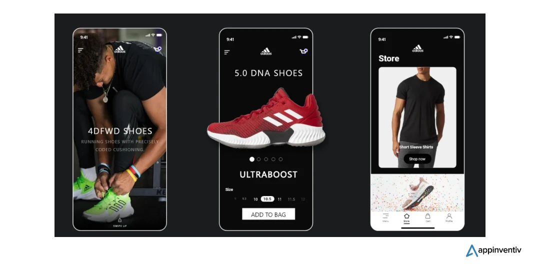 sports merchandise brand, Adidas' app screens