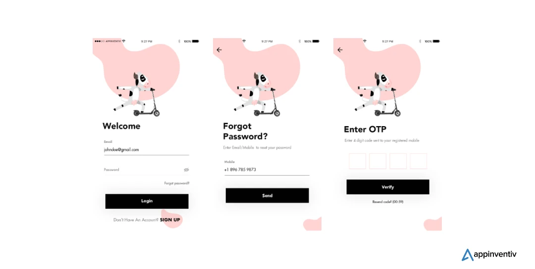 Moo e-mobility solution app screens