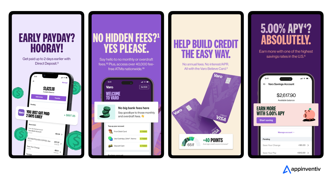 User interface of Varo banking app