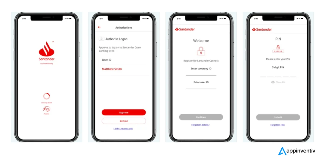 app screens showcasing the functionlities of Santander app