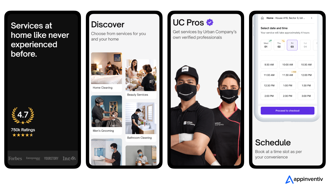Urban Company app screens