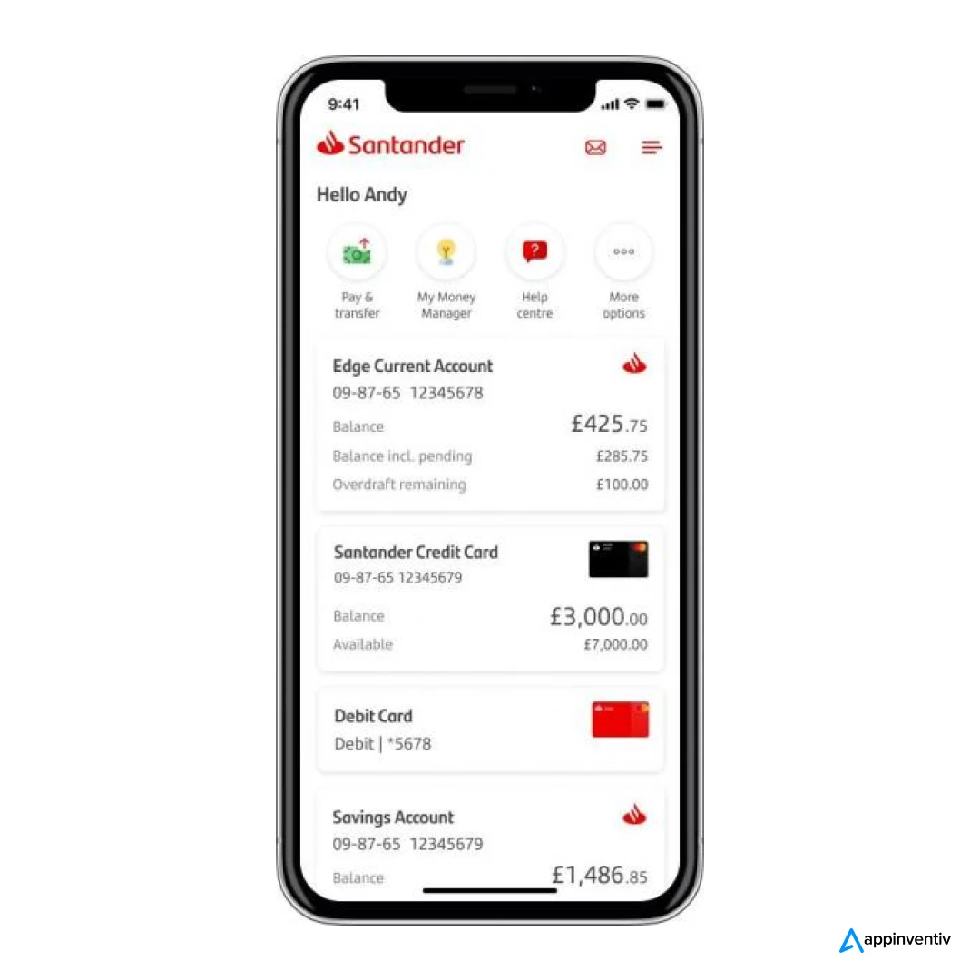 card management feature in Santander app